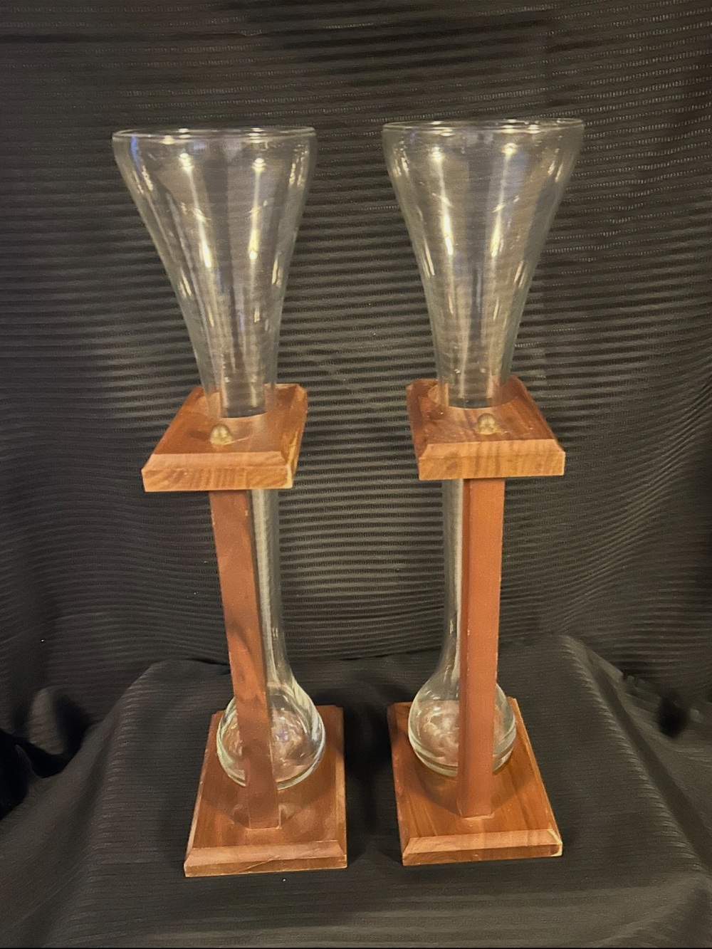 Vintage Pair Half-Yard Ale Beer Glasses w/ Wooden Stands
